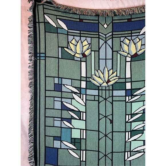 Vintage Stained Glass Architecture Frank Lloyd Wright Waterlilies Tapestry Throw - Picture 2 of 10